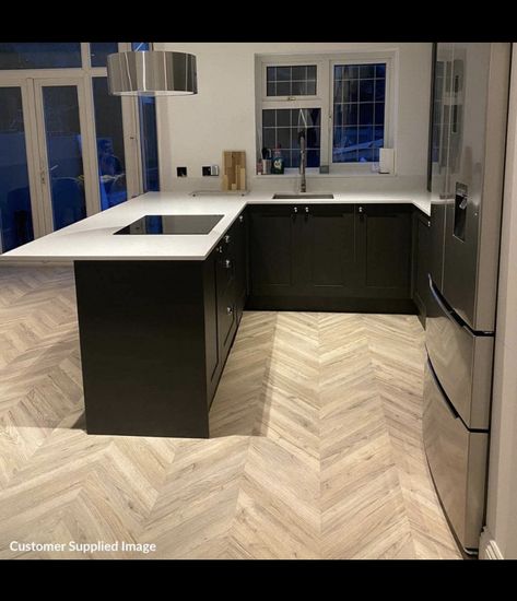 Oak Herringbone Laminate Floor, Small Kitchen Diner Ideas Layout, Laminate Parquet Flooring, Light Oak Herringbone Floor, Light Herringbone Wood Floors, Small Open Plan Kitchen Dining, Light Parquet Flooring, Herringbone Kitchen Floor, Light Oak Laminate Flooring