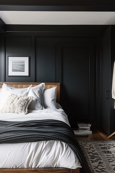 16+ Dark Minimalist Bedroom Ideas - Paul Paint Dark Charcoal Bedroom Walls, Dark Paint For Bedroom, Dark Painted Bedrooms, Small Dark Bedroom, Dark Walls Bedroom, Black Bedroom Wall, Dark Minimalist Bedroom, Dark Bedroom Walls, Charcoal Bedroom