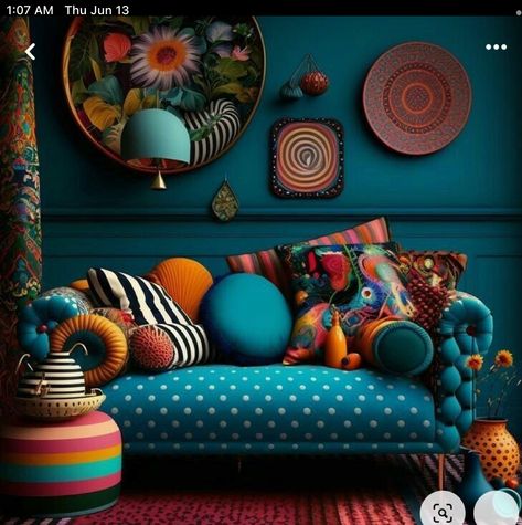 Boho Living Room Blue, Maxilism Design, Cozy Maximalist Living Room, Maximalist Living Room Decor, Boho Maximalism, Quirky Living Room, Colorful Maximalist Decor, King Size Bed Designs, Simple Bed Designs