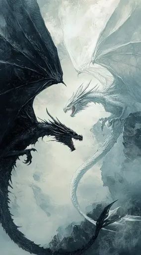 ↑↑↑ Larger size on website 🔸 A black dragon and a white dragon face each other in a dramatic scene. The black dragon has its wing Snow Dragon, Dramatic Scene, Dance Of Dragons, Two Dragons, Fantasy And Reality, Darkness And Light, Dragon Face, Shadow Dragon, Black And White Face