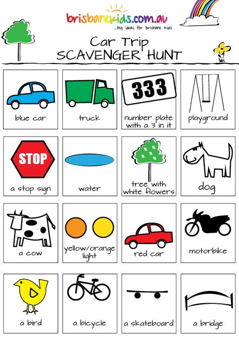 Car Scavenger Hunts and Bingo Games | Brisbane Kids Rainbow Guides, Car Bingo, Road Trip Scavenger Hunt, Oppgaver For Barn, Car Games For Kids, Travel Bingo, Picture Schedule, Australia Nature, Car Journey