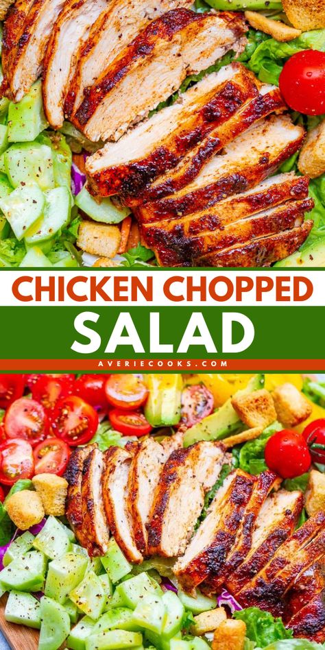 Don't miss out on this chicken chopped salad recipe! It's a dinner salad with juicy oven-baked chicken. Finished with a honey apple cider vinaigrette, this is the BEST chopped chicken salad! Enjoy this quick and easy meal for tonight! Chicken For Salads How To Cook, Best Chicken Recipe For Salads, Cooked Chicken For Salads, Chicken Over Salad Recipe, Easy Salad Recipes With Chicken, Chicken Tossed Salad Recipe, Chopped Salad With Chicken, How To Cook Chicken For Salads, Easy Simple Chicken Salad Recipe