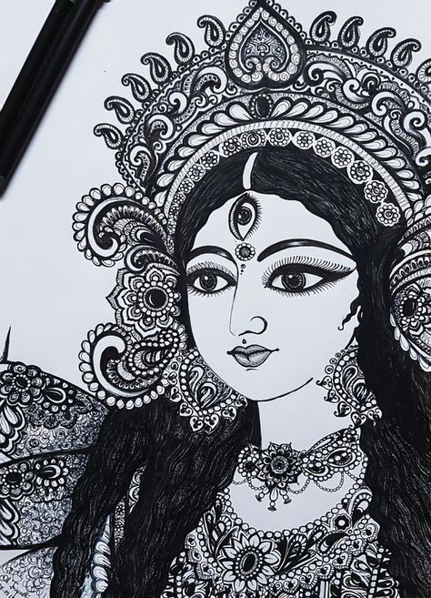 Durga Goddess Drawing Easy, Goddess Durga Sketch Easy, Durga Puja Special Drawing, Ma Durga Painting Easy, Durga Maa Drawing Sketch, Durga Puja Drawing Easy, Durga Painting Easy, Goddess Durga Sketch, Ma Durga Mandala Art