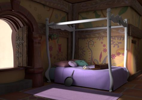 Inside Rapunzel Tower, Rapunzel Tower Interior, Tangled Rapunzel Room Decor, Sleeping Beauty Bedroom, Rapunzel Bedroom, Cartoon Rapunzel, Tangled Bedroom, Tangled Room, Rapunzel Room