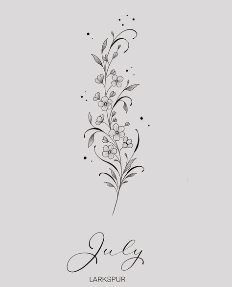 Larkspur Drawing July Birth Flowers, Birth Flower Tattoos On Thigh, July And March Birth Flower Tattoo Together, Larkspur Vine Tattoo, July And February Flower Tattoo, July Flower Tattoos, July Symbols Tattoo, July Flowers Tattoo, July Spine Tattoo