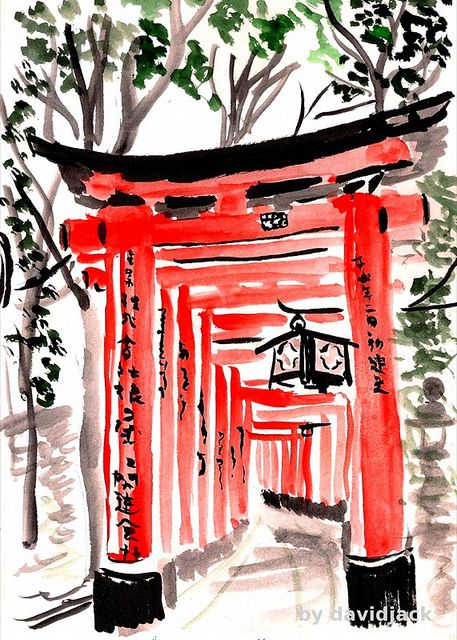 Tori Path, Fumishi Inari, Kyoto, Japan Japan Drawing Ideas, Japan Sketch Drawings, Kyoto Drawing, Torri Gate, Japan Sketch, Japan Journal, Japan Drawing, Chinese Buildings, Japan Watercolor