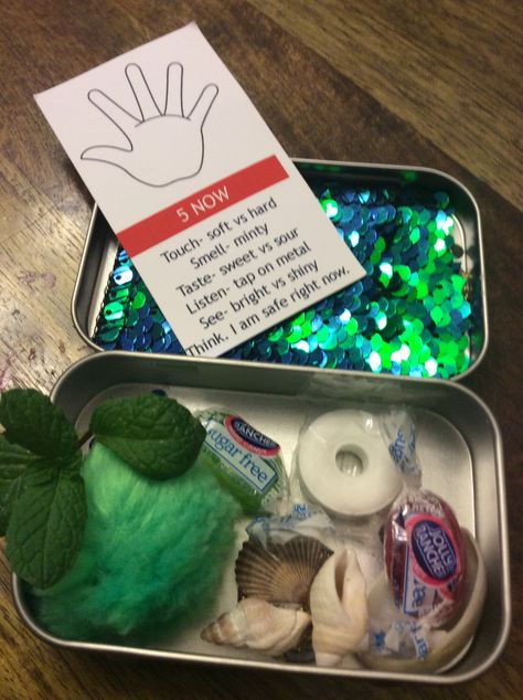 DIY sensory grounding kit I made Grounding Box Ideas, Coping Kit For Adults, Worry Box For Adults, Sensory Room For Adults Ideas, Sensory Group Activities For Adults, Diy Coping Tools, Therapeutic Crafts For Adults, Calm Down Box For Adults, Calm Box For Adults