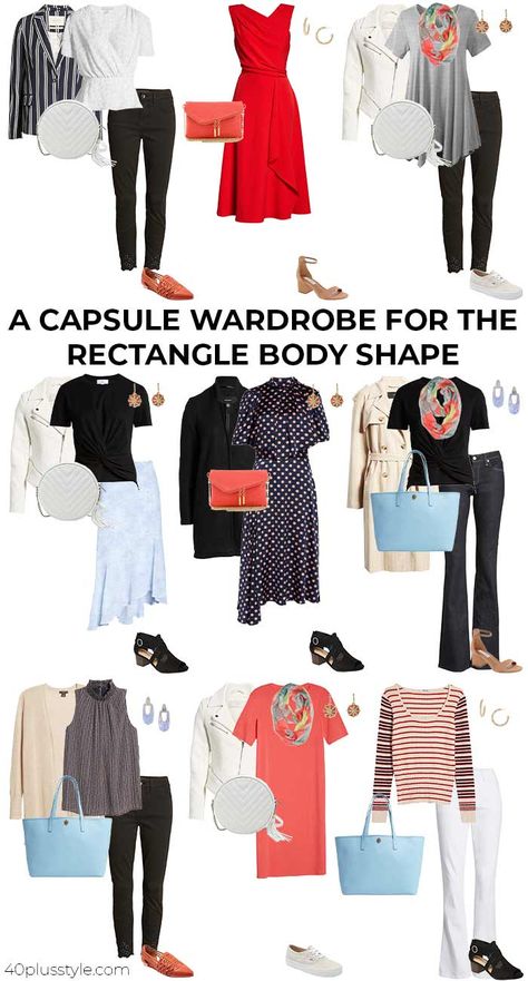 Capsule Wardrobe For Rectangular Body Shape, Summer Capsule Wardrobe Rectangle Body Shape, Rectangle Body Dress Outfit, Best Clothing For Rectangle Shape, Rectangle Body Capsule Wardrobe, Rectangle Shape Outfits What To Wear, Flattering Clothes For Rectangle Shape, Flattering Outfits For Rectangle Shape, Rectangle Capsule Wardrobe