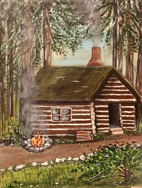 Cabin Scene Painting, Cabin Painting Ideas, Log Cabin Painting Acrylic Easy, Simple Cabin Painting, Log Cabin Painting Easy, Rustic Acrylic Painting Ideas, Forest Cabin Painting, Cabin In The Woods Painting Easy, Cabin Painting Easy