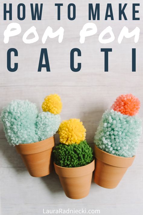 DIY Faux Cactus made with Yarn Pom Poms | Faux Potted Cacti Pom Pom Cactus, Yarn Pom Poms, Pompon Diy, Yarn Crafts For Kids, Faux Cactus, Diy Yarn Crafts, Yarn Pom Pom, Pom Pom Crafts, Yarn Diy