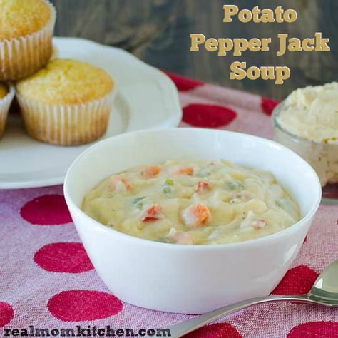 Potato Pepper Jack Soup | realmomkitchen.com Potato Pepper Jack Soup, Cafe Specials, Soup Creamy, Mom Kitchen, Creamy Potato Soup, Flashback Friday, Cheese Potatoes, Instant Pot Soup, Green Peppers