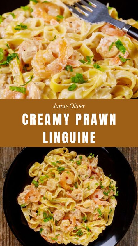 Jamie Oliver Creamy Prawn Linguine Prawn Linguine Recipe, Creamy Prawn Linguine, King Prawn Linguine, Jamie Oliver 30 Minute Meals, Salmon Linguine, Prawn Linguine, Pasta Menu, Prawn Pasta, Linguine Recipes