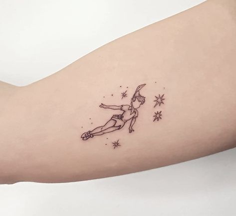 Peter Pan Tattoo Peter Pan Shadow Tattoo, Tinkerbell Tattoo Outline, Subtle Tinkerbell Tattoo, Simple Peter Pan Tattoo, Peter Pan Inspired Tattoos, Tiny Tinkerbell Tattoo, Disney Tattoos Ideas, Peterpan Tattoo, Subtle Disney Tattoos