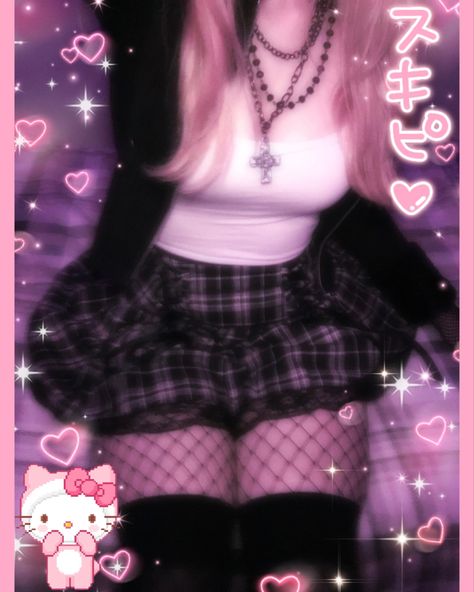 fishnets kneehigh skirt edgy alternative cute hellokitty uwu Fishnets With Skirt, Skirt With Fishnets Outfit, Fish Net Outfits, Outfit With Fishnets, Big Thighs Outfit, Fishnet Aesthetic, Fishnets Aesthetic, Pink Tank Tops Outfit, Fits With Skirts