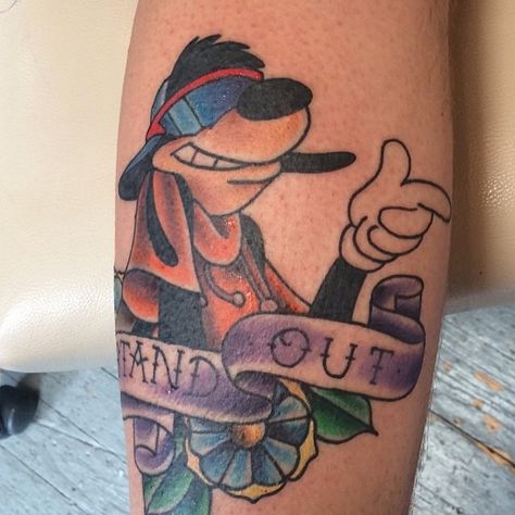 Max from A Goofy Movie, Jason Barresi, Louisville Kentucky Goofy Movie Tattoo, Fun Tattoos For Women, Goofy Tattoos, Movie Tattoo Ideas, Max Goofy, Max Tattoo, 90s Tattoos, A Goofy Movie, Traditional Tattoo Inspiration