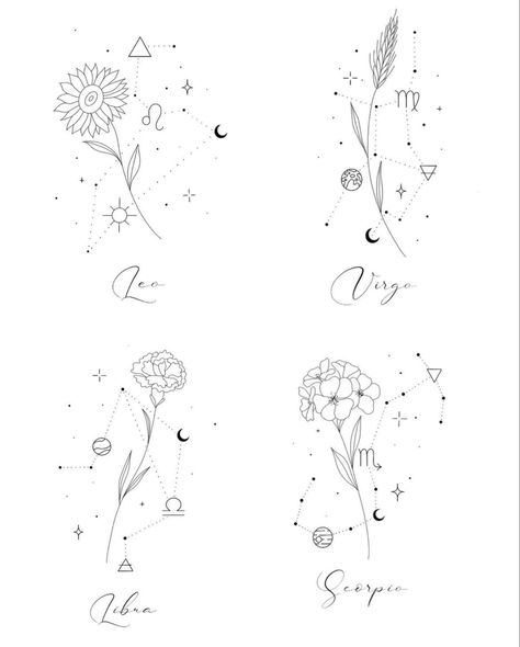 Scorpio Tattoo Elements, Air Element Tattoo Ideas, Astrology Tattoo Virgo, Scorpio Constellation Tattoos, Libra Constellation Tattoo, Feminine Shoulder Tattoos, Back Of Leg Tattoos, Leo Constellation Tattoo, Virgo Tattoo Designs