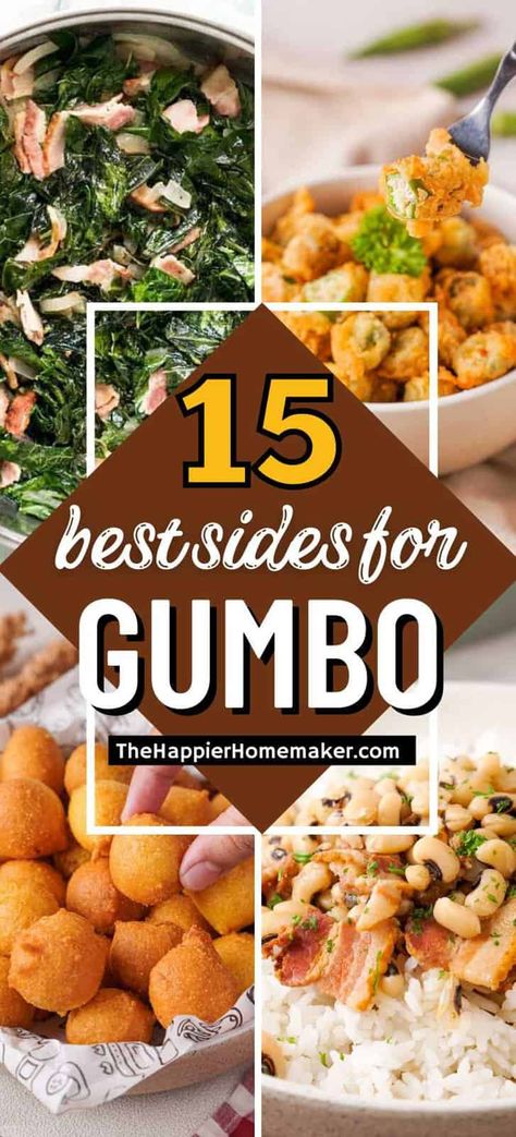 Wondering what to serve with gumbo? Explore 15 of our favorite pairings for this classic Cajun dish! What Side Dish Goes With Gumbo, What Goes With Gumbo Dinners, Gumbo Appetizer, Gumbo Dinner Party, Gumbo Dinner Sides, Sides With Gumbo, What Goes With Gumbo, Gumbo Sides Dishes, Side Dish For Gumbo