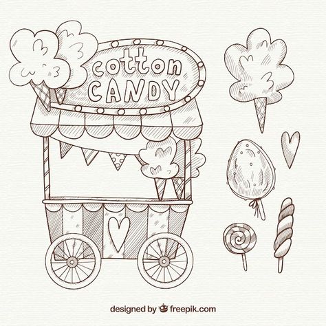 Vector carro de algodón de azúcar y piru... | Premium Vector #Freepik #vector #algodon-azucar #caramelo #helado #dulces Cotton Candy Cart, Candy Cart, Vector Hand, Lollipop, Cotton Candy, Premium Vector, Graphic Resources, Hand Drawn, Coloring Pages