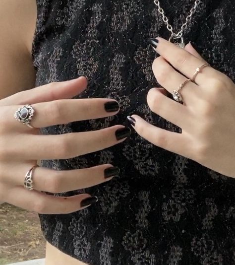 Rings Black Aesthetic, Black Nails And Rings Aesthetic, Ring Jewelry Aesthetic, Black Painted Nails Aesthetic, Black Nails Grunge Aesthetic, Rings And Black Nails, Black Nail Polish Aesthetic Grunge, Chipped Nail Polish Aesthetic Grunge, Nail Polish Aesthetic Grunge