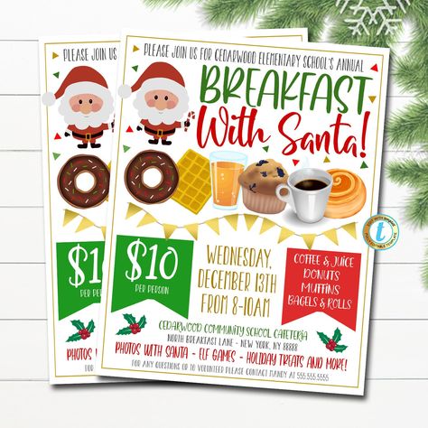 "Christmas Breakfast with Santa Flyer Editable Template.  Use this Christmas breakfast with Santa flyer for schools, nonprofits, churches, businesses and more!  All text is editable so make it read what you wish! TEMPLATE FORMATTED SIZES: 8.5\" x 11\"  IMPORTANT: This is a DIY self-editing digital, printable product - I do not edit this file for you.  However, I do offer editing services at an extra charge, please reach out if you are interested. THIS IS A DIGITAL PRODUCT. NO PHYSICAL ITEM WILL Pancakes With Santa, Christmas Fundraiser, Breakfast With Santa, Elf Games, School Pto, Fundraiser Ideas, Template Christmas, Santa's Elves, Christmas Breakfast