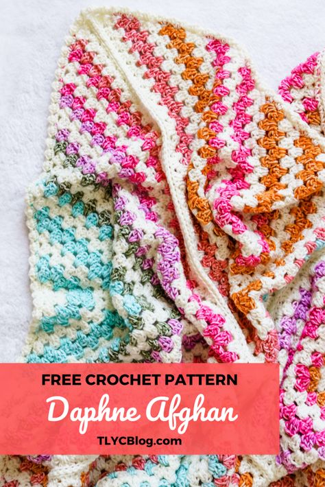 Calling all beginner crocheters! Make this fun, fast, and easy crochet baby blanket using my free pattern. The Daphne Afghan has vibrant pops of color and is so simple to make. Get the free pattern + tutorial video and make your blanket now! | TLYCBlog.com #babyblanket #beginnercrochet #grannysquare #freecrochetpattern Verigated Yarn Blanket, Sugarwheel Yarn Crochet Patterns, One Color Crochet Blanket Patterns, Granny Stripe Baby Blanket, Tl Yarn Crafts, Granny Stripe, Striped Baby Blanket, Easy Crochet Baby Blanket, Easy Crochet Blanket