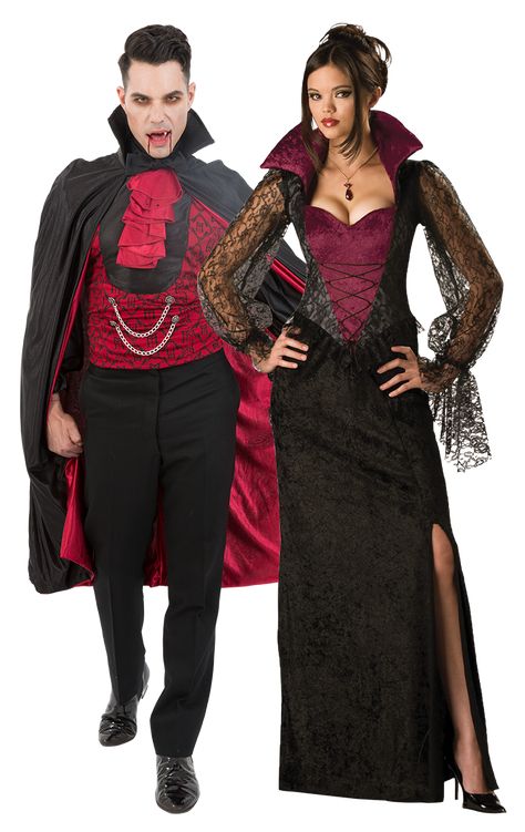 Raise the stakes at your next fancy dress party in the Sexy Vampire Couples Costume.  This striking Halloween couples costume is perfect for adding some gothic glamour to your evening. Make sure to allure partygoers all night long with your wicked fangs, drips of fake blood and seductive charm! Hallowed Costumes, Vampire Couples, Couples Fancy Dress, Vampire Couple, Costume Photoshoot, Halloween Man, Holloween Costumes, Vampire Halloween Costume, Tie Outfit