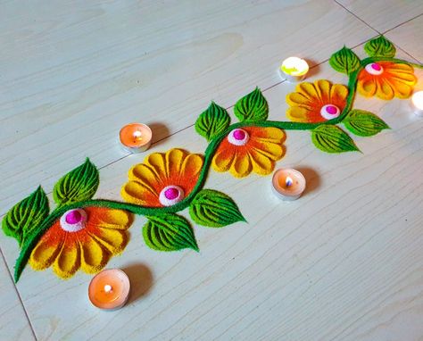 Simple And Best Rangoli Designs, Rangoli Designs Latest Boder, Rangoli For Corner, Corner Kolam, Rangoli Designs Corner, Border Rangoli Designs Flower, Border Rangoli Designs Diwali, Bhaubij Rangoli, Rangoli Designs White