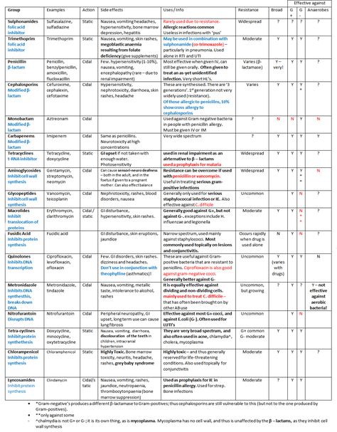 There are many classes of antibiotics. It is useful to know at least a handful of antibiotics, and what they are useful for.  Below we attempt to summarise the main types of antibiotics, their mechanisms... Antibiotics Nursing, Antibiotics Pharmacology, Np School, Vet Medicine, Nurse Study Notes, Skin Rashes, Nursing Mnemonics, Pharmacy School, Medical Student Study