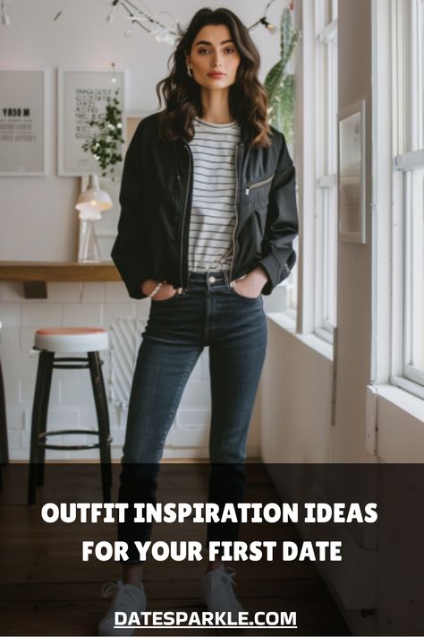 Woman standing in a stylish room wearing a striped shirt and black jacket, with text overlay: "Outfit Inspiration Ideas for Your First Date". First Date Outfit 30s, 1st Date Outfit Casual Summer, Teen Date Outfits, First Date Ideas Outfit Casual, Date Outfit Inspiration, Outfit Inspo For Women, First Date Outfit Ideas, Perfect First Date, Outfits 30s