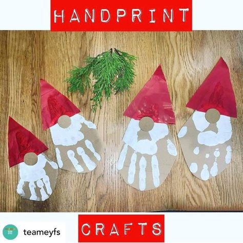 Gnome Christmas Crafts For Kids, Gnome Crafts For Preschool, Hand Print Christmas, Camping Week, December Art, Gnome Crafts, Toddler Themes, Class Door, Handprint Christmas