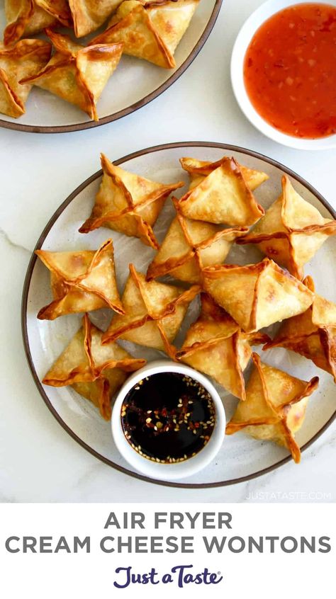 Air Fryer Cream Cheese Wontons are incredibly crispy, loaded with flavor and take just 15 minutes to prep. They're the ultimate easy appetizer recipe! #justatasterecipes Cream Cheese Wonton Recipes Air Fryer, Air Fryer Cream Cheese Wontons, Cream Cheese Wontons Air Fryer, Air Fryer Cream Cheese, Crispy Wonton, Cream Cheese Wontons, Cheese Wontons, Chicken Egg Rolls, Fried Wontons