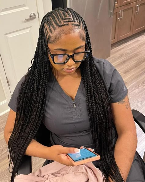 Straight Back Feed In Braids With Knotless In The Back, Scalp And Knotless Braids, Straight Back With Knotless Braids, Braids And Knotless In The Back, Long Stitch Braids With Design, Fulani Braids Designs, Braided Hairstyles For Sports, Knotless Braids Design, Kids Braiding Hairstyles