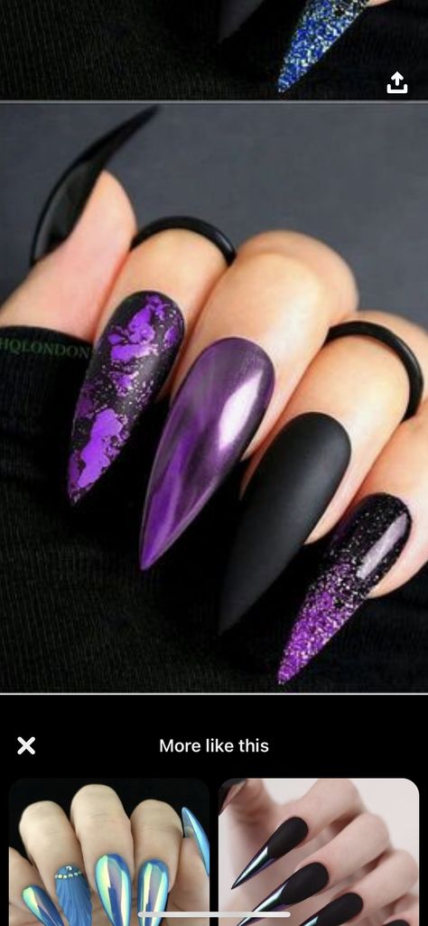 Black And Purple Nails Wedding, Dark Purple And Black Nails, Goth Nails Purple, Purple And Black Nails, Purple Stilletos Nails, Black And Purple Stiletto Nails, Dark Purple Glam Nails, Matte Purple Nails, Witch Nails Purple And Black