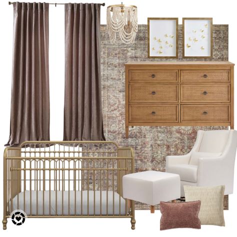 Little Seeds Piper Crib Nursery, Mauve And Brown Nursery, Clay Colored Nursery, Bronze Crib Nursery, Nursery Brass Crib, Abigail Crib Nursery, Vintage Nursery Curtains, Gold Crib Nursery Ideas, Rug Over Carpet Nursery