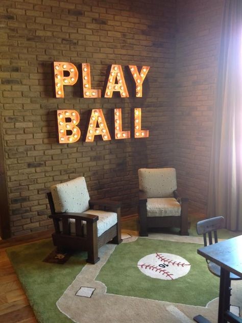 Get ideas for your kids' playroom from this fun sports-themed space, featured at HGTV.com. Baseball Rug, Boys Baseball Bedroom, Baseball Bedroom Decor, Baseball Themed Bedroom, Neutral Playroom, Fun Playroom, Fun Bedroom, Baseball Bedroom, Ball Room