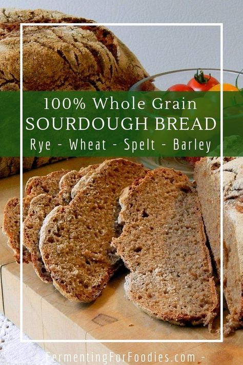 This whole grain sourdough bread is perfect for your favourite flours. The photo is 100% rye for a delicious and nutritious loaf of bread. Use a mix of flours to create your own, personalized loaf of whole-grain bread. Whole Grain Sourdough Bread Recipe, Spelt Sourdough Bread, Whole Grain Sourdough, Spelt Sourdough, Barley Recipe, Whole Wheat Sourdough, Sourdough Loaf, Whole Grain Flour, Sourdough Starter Recipe