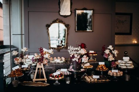 This dark + moody dessert table was full of sweet treats | Image by Fox & Kin Moody Reception, Black Dessert, Autumn Chic, Dessert Bar Wedding, Wedding Gift Ideas, Reception Inspiration, Surprise Wedding, Wedding Buffet, Wedding Dessert Table