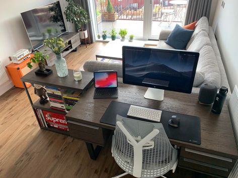 L Desk In Living Room, Living Room Office Separation, Wfh Living Room Layout, Wfh Studio Apartment, Wfh Room Setup, Small Living Room With Desk Layout, Living Room Desk Setup, Home Office Couch Layout, Bedroom Without Tv