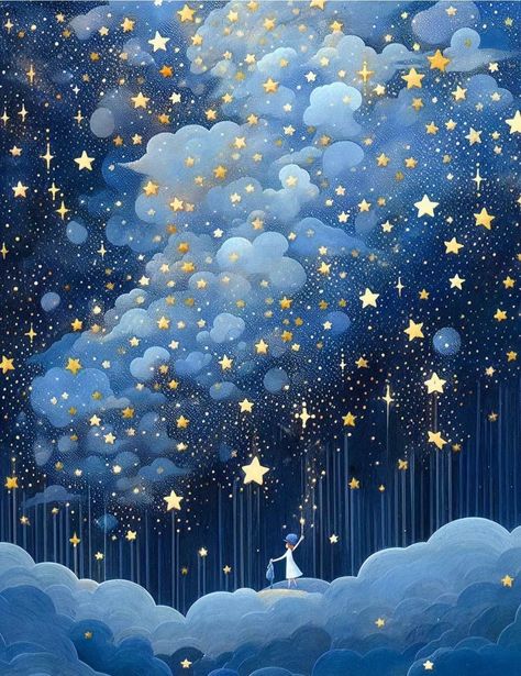 Star Night Illustration, Magic World Illustration, Night Sky Illustration, Slaap Lekker, Diy Watercolor Painting, Animal Illustrations, Celestial Art, My Days, Diy Watercolor