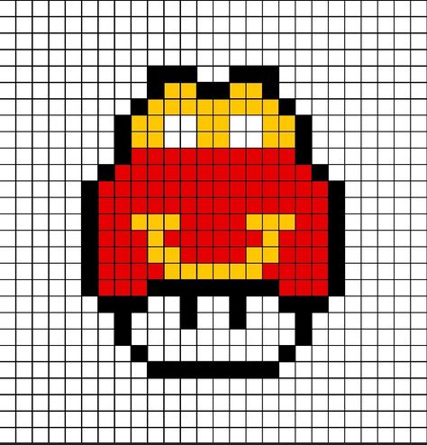 A pixel art template of a Mario mushroom themed as the McDonald's happy meal box. Mcdonalds Pixel Art, Pixel Art On Graph Paper, Mario Mushroom Pixel Art, Pixel Art Ideas Simple, Nintendo Pixel Art, Pixel Art Mushroom, Mushroom Pixel Art, Pixel Art Mario, Mushroom Pixel