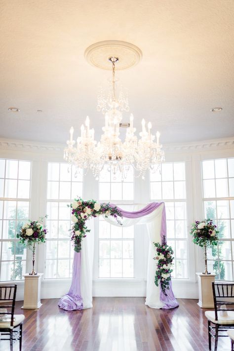 Arch Decor // An Elegant Purple Central Florida Wedding via TheELD.com Katrina Wedding, Book Lovers Wedding, Arch Fabric, Anna Christine, Wedding Arch Draping, Arch Draping, Purple Wedding Decorations, Bloom Photography, Wedding Alters