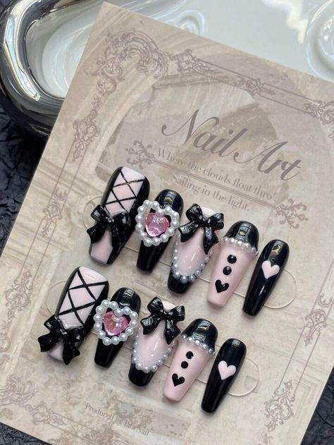 Black And Light Pink Nails, Pink Black Nails, Bday Nails, Bow Tie Design, Handmade Nails, Light Pink Nails, Punk Nails, Gothic Nails, Long Nail Designs