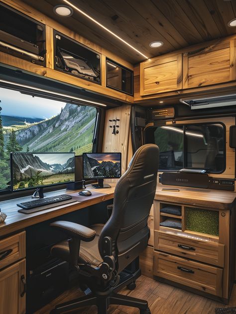 47 Remote Working RV Setup Inspo – TastyInteriors Camping Living Room, Bus Home Interior, Van Life Gaming, Van Office, Industrial Bedroom Design, Camper Van Life, Sprinter Van Conversion, Remote Working, Rv Homes