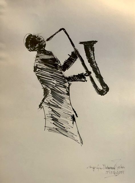 Guy Playing Saxophone Drawing, Saxaphone Sketch, Saxophone Sketch, Jazz Sketch, Music Drawing Ideas, Saxophone Drawing, Jazz Drawing, Saxophone Tattoo, Dancing Sketch