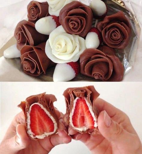 Gorgeous Chocolate Strawberry Roses for Mother's Day #chocolatecoveredstrawberries Cake Decorated With Fruit, Valentine Strawberries, Edible Bouquets, Strawberry Roses, Chocolate Roses, Edible Gifts, Chocolate Strawberry, Covered Strawberries, Chocolate Strawberries