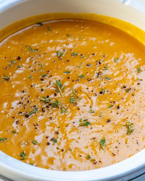 This Crock-pot Butternut Squash Soup Helps Reduce Inflammation and Boost Collagen Production! | Clean Food Crush Butternut Squash Bisque Crockpot, Thanksgiving Soups Crock Pots, Clean Food Crush Recipes Soup, Butternut Squash Soup In Crockpot, Whole 30 Butternut Squash Soup, Crockpot Butternut Squash Recipes, Butternut Squash Soup Recipes Crockpot, Crock Pot Butternut Squash Soup, Butternut Squash Tomato Soup