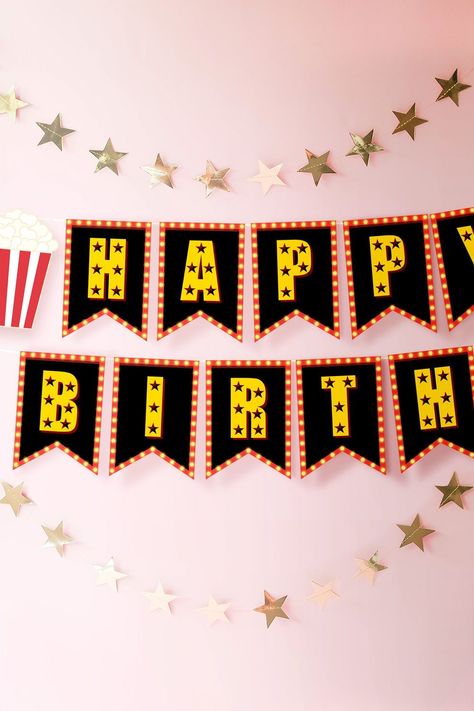 This is a Birthday Banner that you can download immediately. This will be the perfect decoration for your birthday party. #movie night Birthday #backyard movie night #outdoor movie party #cinema theater party #printable banner #birthday garland #birthday flag banner #party decor banner #movie night banner #concession stand #happy birthday banner Movie Night Banner, Movie Sleepover Party, Movie Night Outdoor, Birthday Party Movie Night, Movie Sleepover, Birthday Backyard, Cinema Theme, Diy Treat Bag, Movie Night Birthday