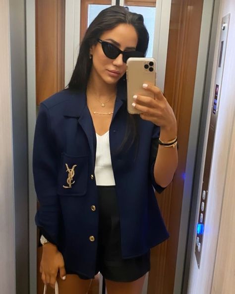 Navy Blue Blazer Outfit Women, Office Look Women, Navy Blue Blazer Outfit, Blue Blazer Outfit, Tamara Kalinic, Vest Outfits For Women, Blazer Outfits For Women, Navy Logo, Ysl Logo