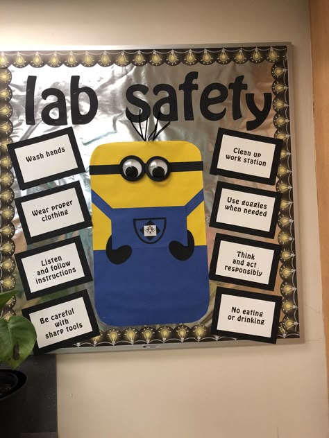 Bio Lab Decoration Ideas, Laboratory Bulletin Board Ideas, Chemistry Bulletin Board Ideas, Science Lab Bulletin Board Ideas, Facs Bulletin Board, Biology Bulletin Board, Lab Week Decorations, Lab Rules, Stem Lab Bulletin Board Ideas