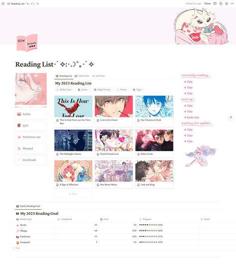 Reading List | Kawaii Aesthetic Notion Template | Cute Pink Notion Template | Book Tracker | Manga Tracker | Fanfic Tracker #freenotiontemplates #readinglist #notion #notiontemplate #notiontemplates #cutenotiontemplates #kawaii #kawaiinotiontemplates #booktracker #yearlyreadinggoal #manga #fanfiction #books #reading Notion For Books, Notion Reading List Aesthetic, Reading List Notion Template Ideas, Notion To Do List Template Aesthetic, Reading Log Notion Template, Notion Book Shelf Template, Manga Tracker Notion, Notion Reading Template Free, Reading Log Notion